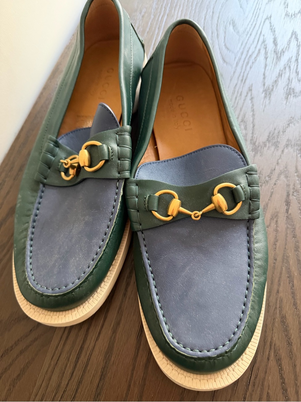 Gucci Two-Tone Blue & Green Leather Horsebit Loafers